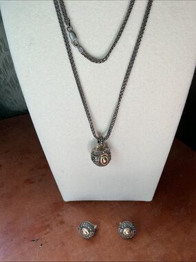 Judith Jack Marcasite, 18K and Amber Pendant 18- 36” Necklace and Earring Set
